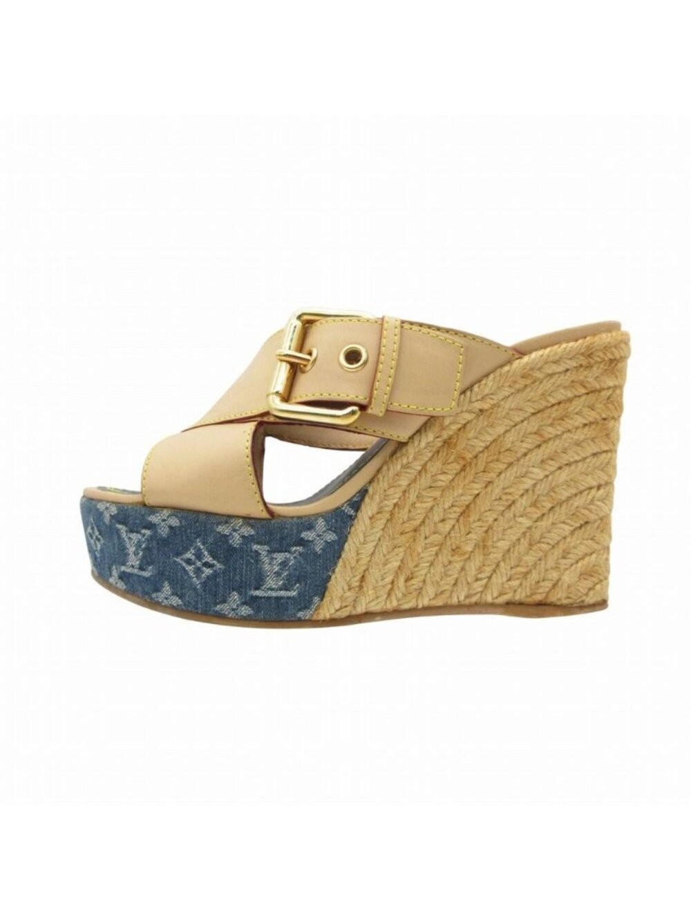 Louis Vuitton Sandals Denim Monogram Espadrilles Wedge Sole Cross Belt Gold - Picture 2 of 9